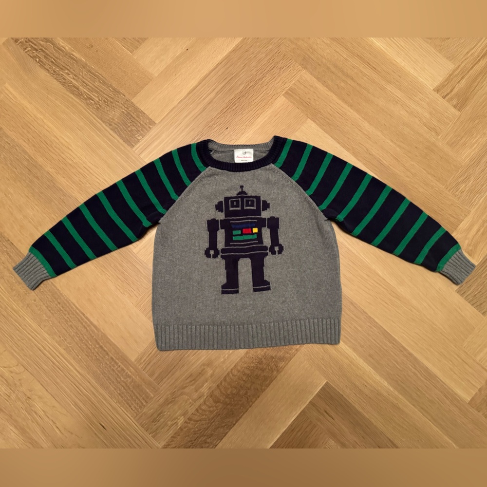 Hanna Andersson Robot Gray Knit with Navy Trim, Size 5